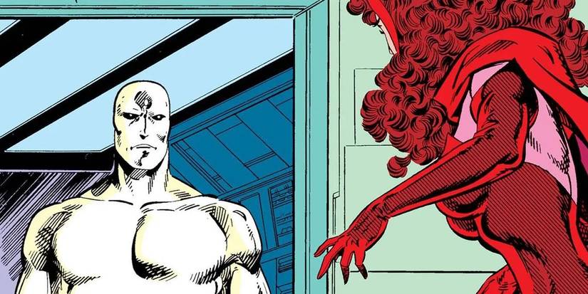 White Vision standing in front of Scarlet Witch in Marvel Comics