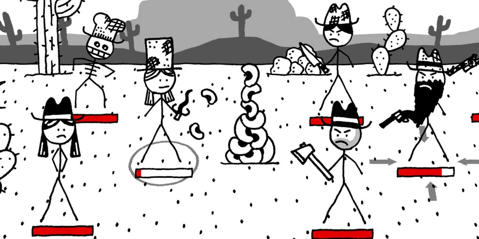 Various cowboy and cowgirl stick figures in a turn-based battle in 'West of Loathing'