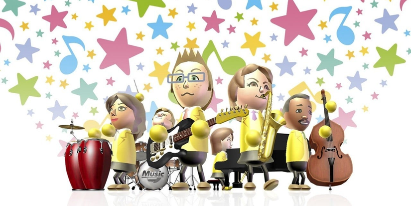 Various miis wearing yellow clothes and holding musical instruments on the box art for 'Wii Music' for the Nintendo Wii