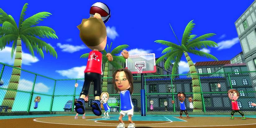 A mii making a three-point shot while playing basketball in 'Wii Sports Resort'