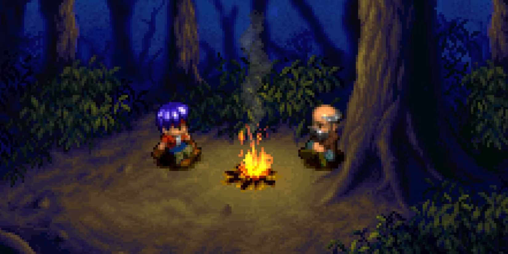 Two men sitting next to a camp fire at night in 'Wild Arms'