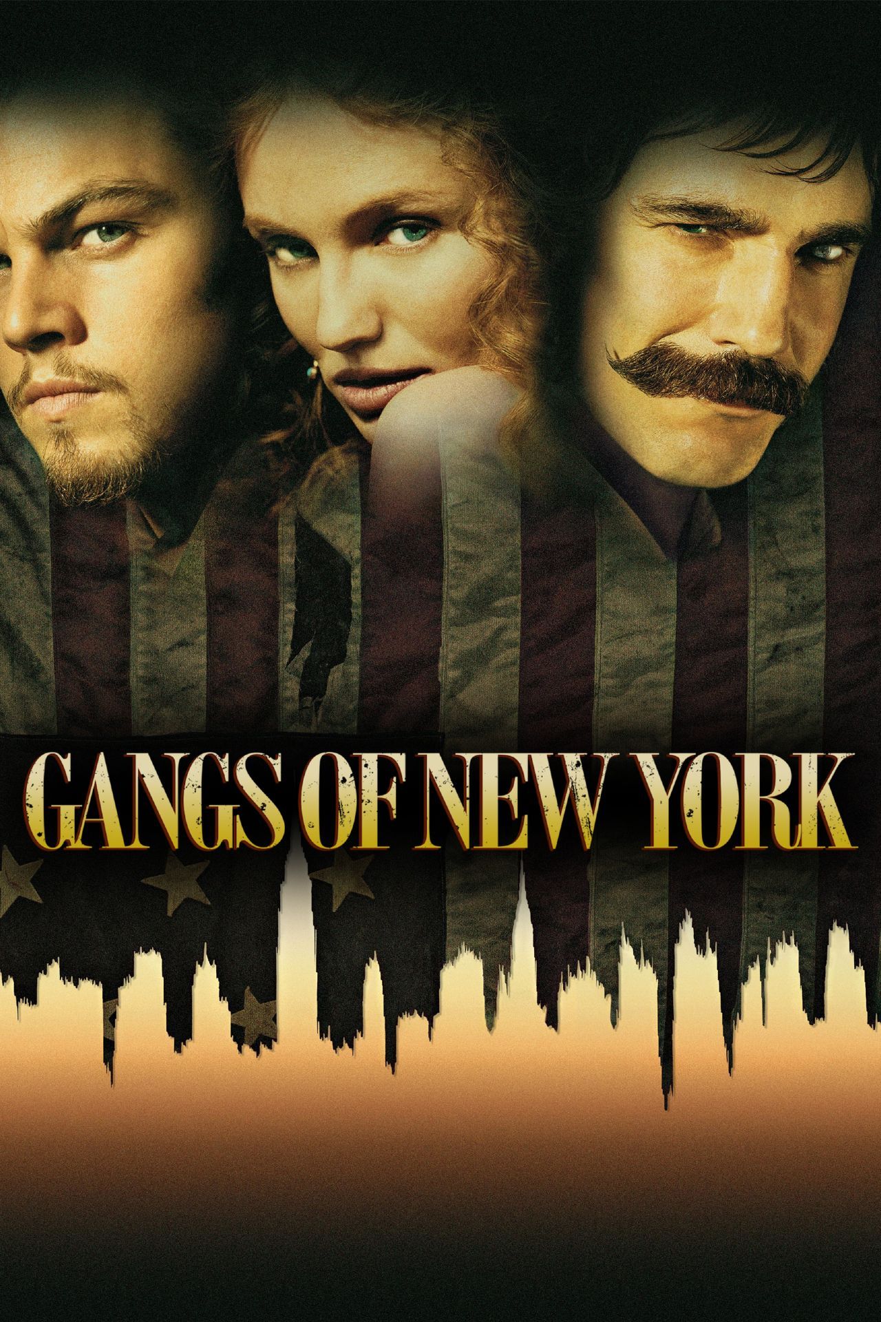 Pôster do filme Gangs of New York com Leonardo DiCaprio e Daniel Day-Lewis.