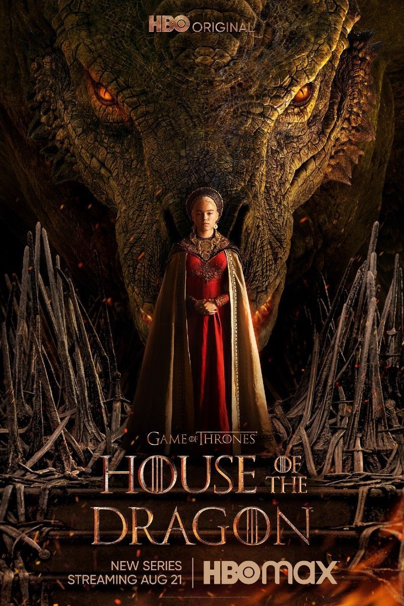 Pôster oficial de House of the Dragon com dragões em ação.