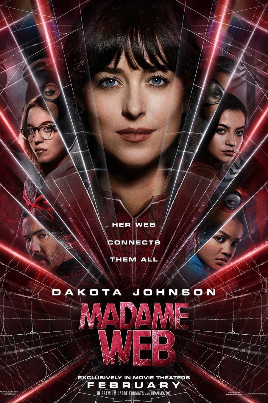 Poster do filme Madame Web com Dakota Johnson, Sydney Sweeney, Isabela Merced e Celeste O'Connor