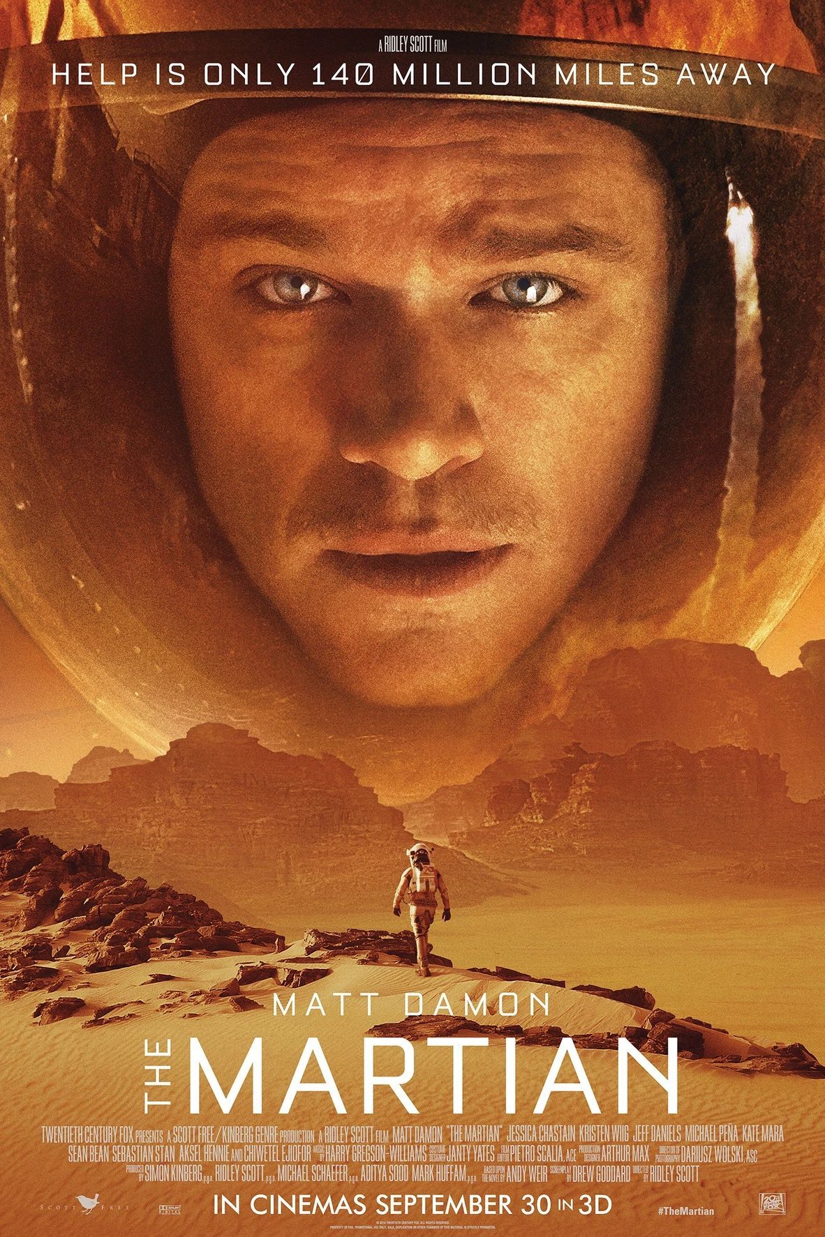 Pôster do filme Perdido em Marte com Matt Damon como astronauta em Marte.