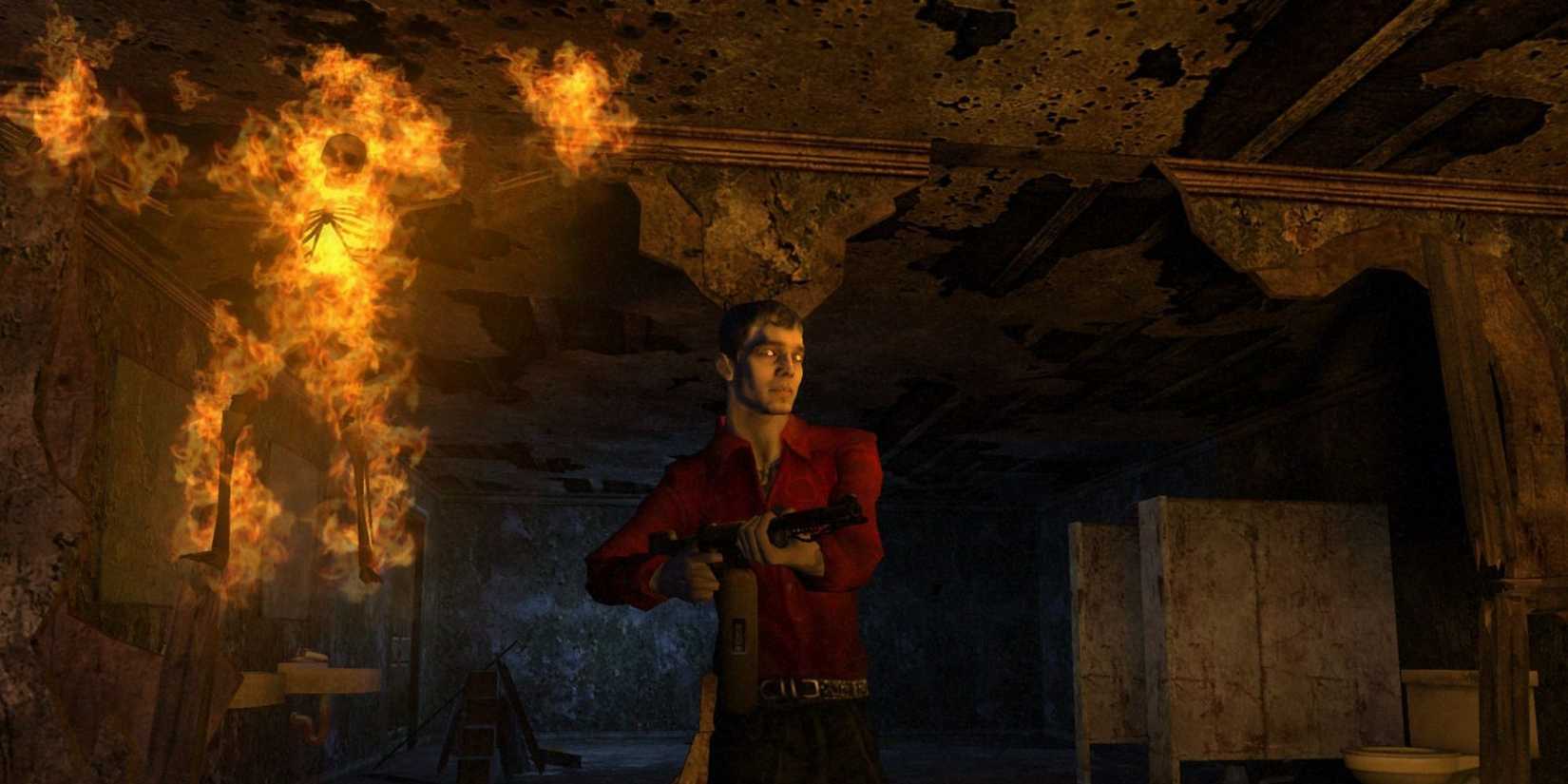 A young man with a gun standing in a burning room in Vampire the Masquerade Bloodlines