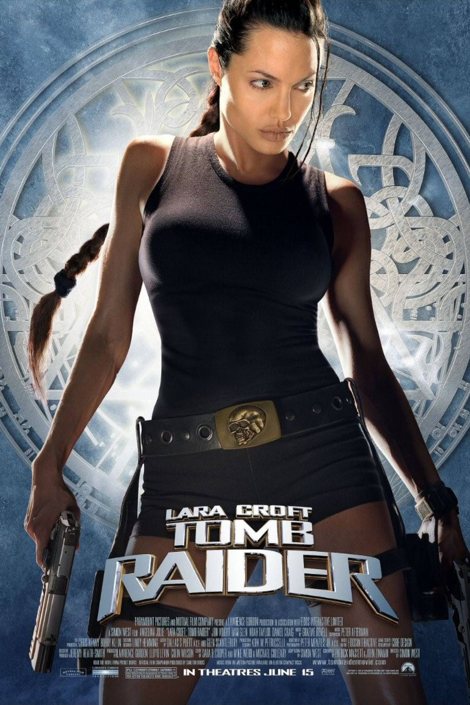 Pôster do filme Lara Croft: Tomb Raider com Angelina Jolie.