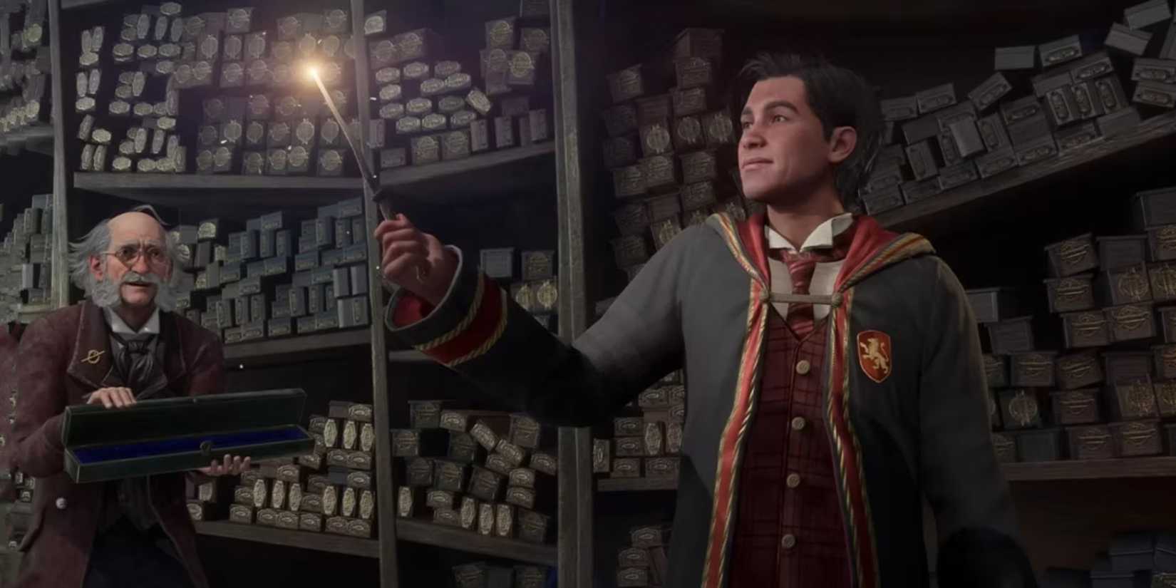 A student with his wand at Olivander's in Hogwarts Legacy