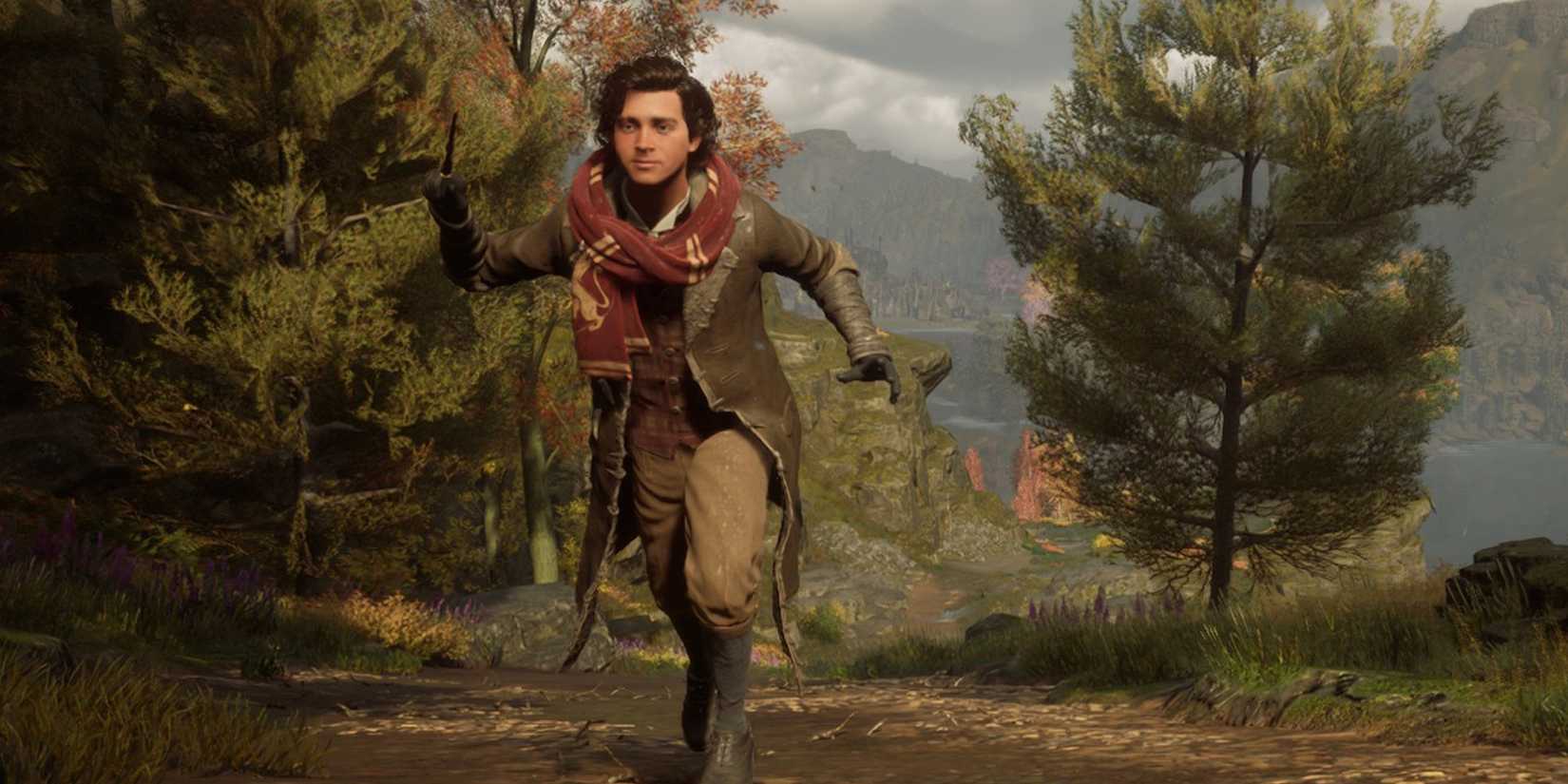 A Hogwarts student running through the forest in Hogwarts Legacy