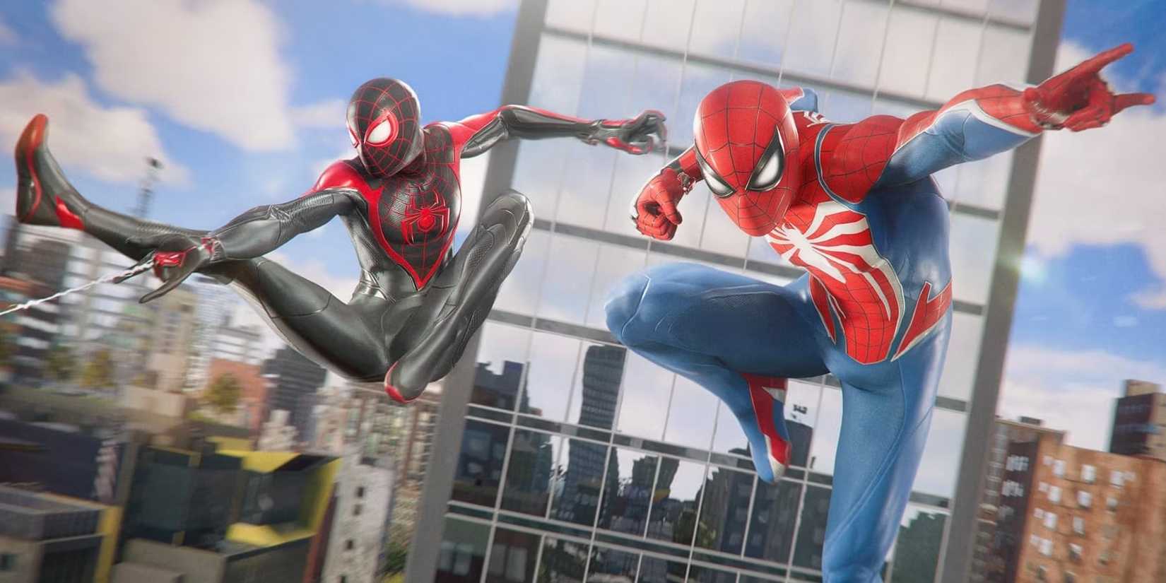 Miles Morales and Peter Parker swining across New York in Marvel's Spider-Man 2