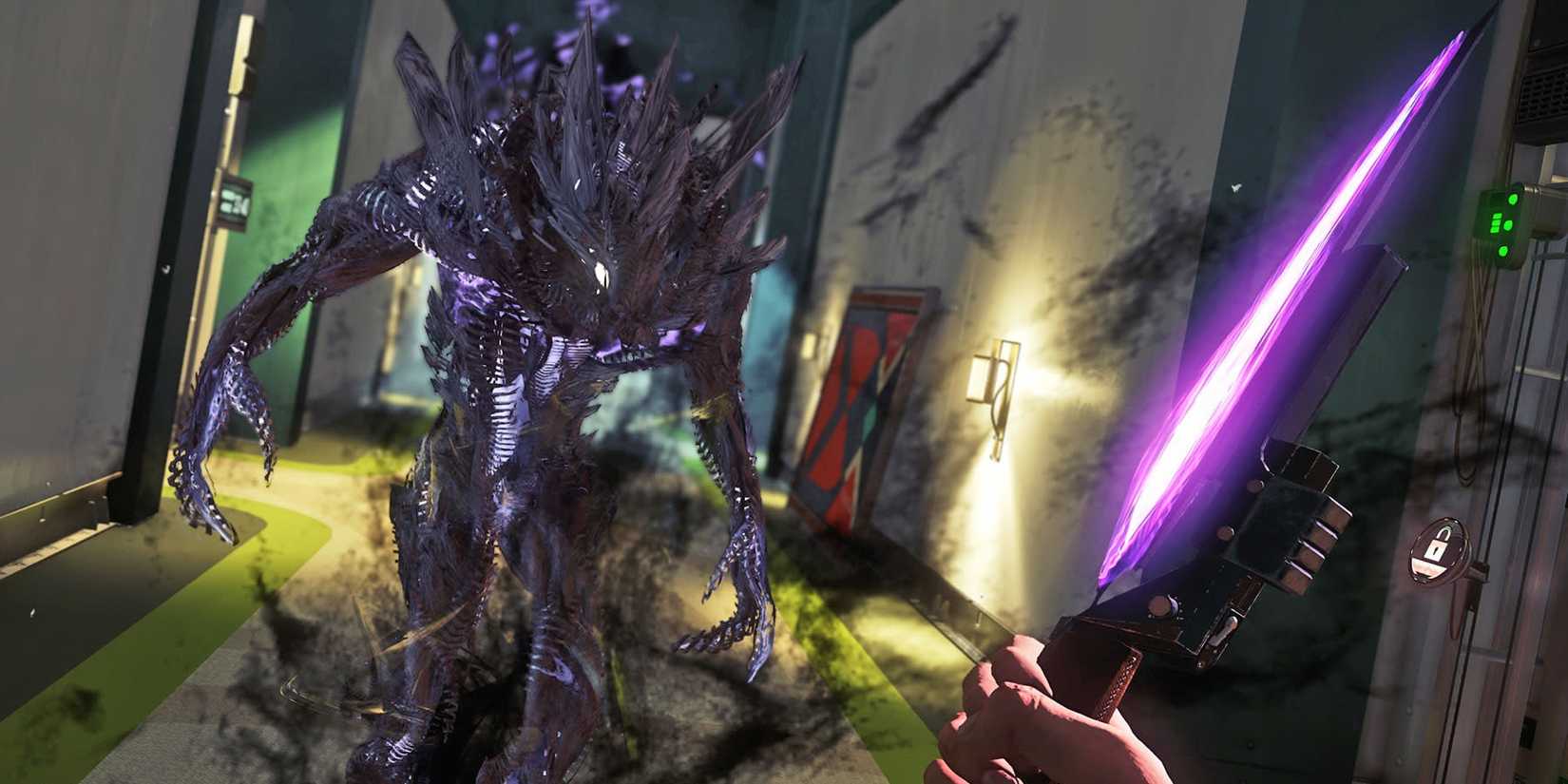 First-person view of a monster approaching in the video game Prey