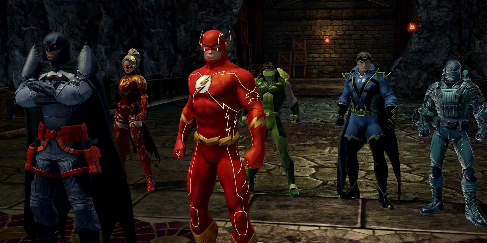 Batman and The Flash with other characters in DC Universe Online