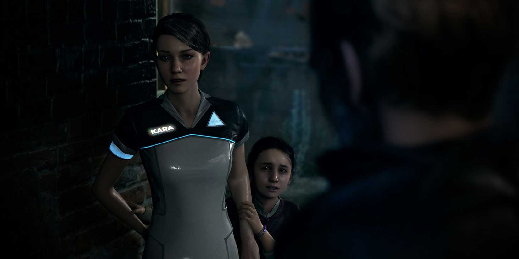 A girl hiding behind a woman while talking to a man with his back to the camera in Detroit Become Human