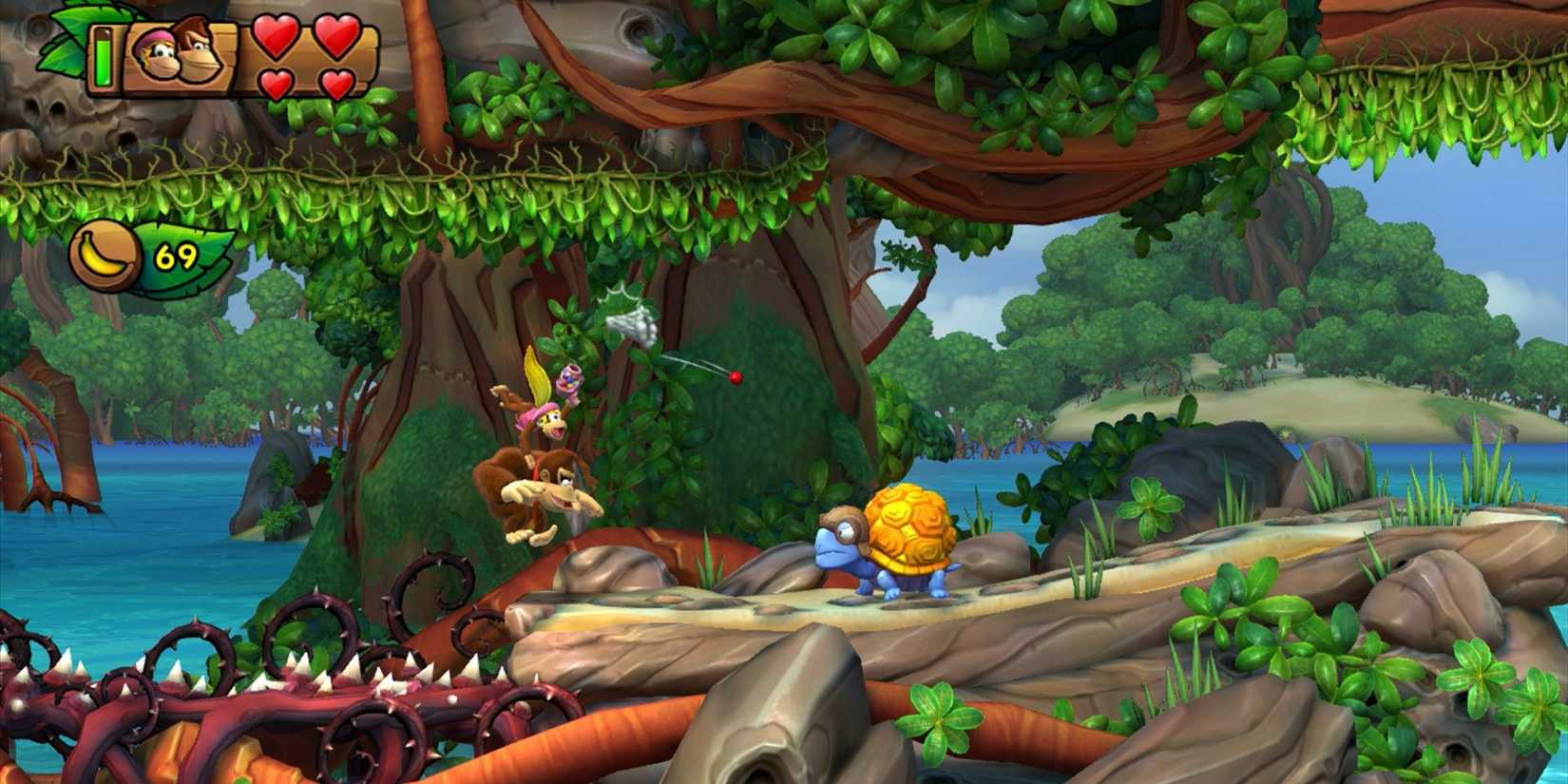 Donkey Kong fighting an enemy in Donkey Kong: Country Tropical Freeze