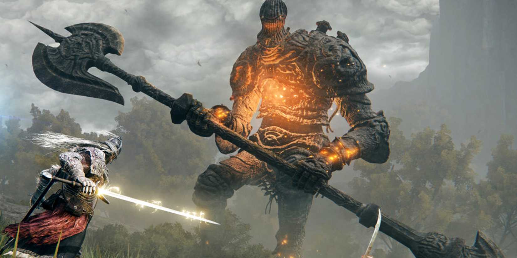 A warrior about to fight a giant enemy holding an axe in Elden Ring