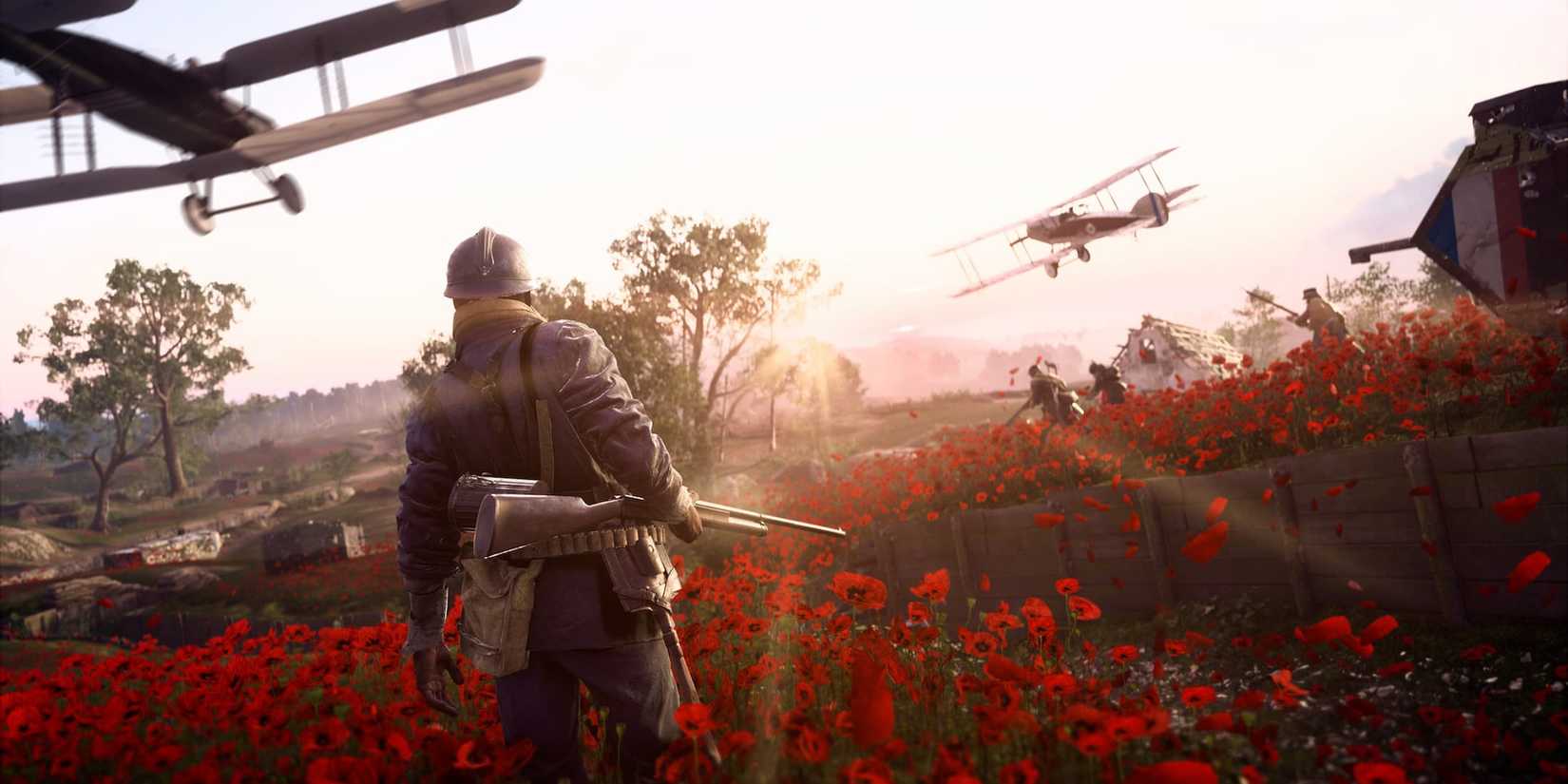 A soldier on a poppy field looking up at a plane in Battlefield 1