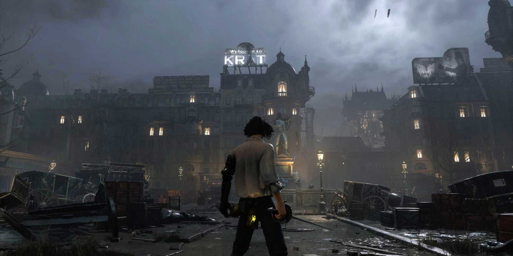 A man standing with a dilapidated city in the background in Lies of P