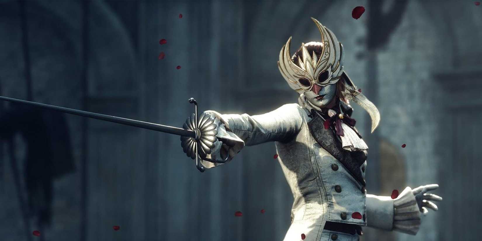 A masked character wielding a sword in Lies of P