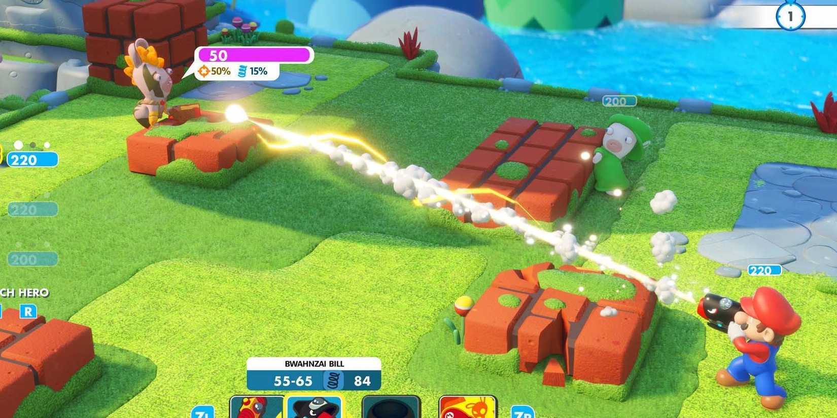 Mario shooting at a rabbit in Mario + Rabbids Kingdom Battle
