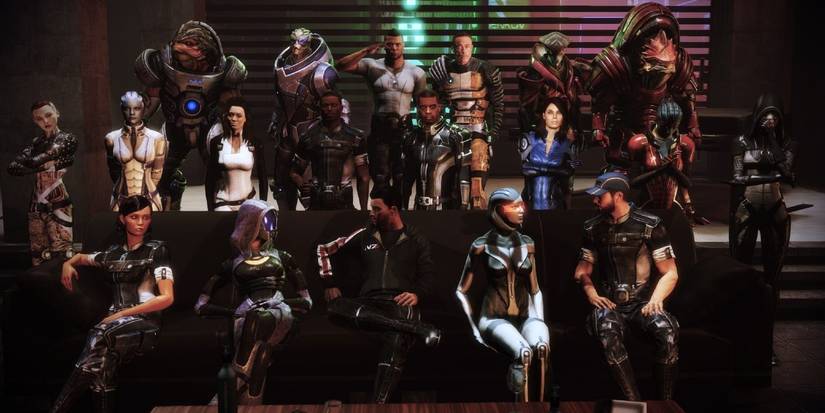 The main characters of Mass Effect 3 posing for a photo