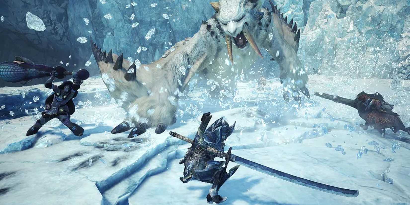Three characters fighting a monster in a snowy area in Monster Hunter World