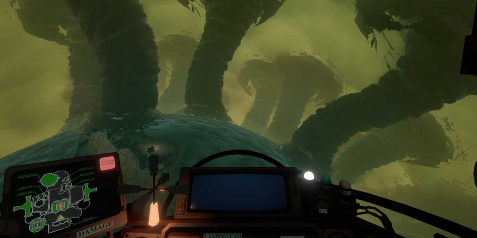 First-person view of a pilot in a ship in Outer Wilds