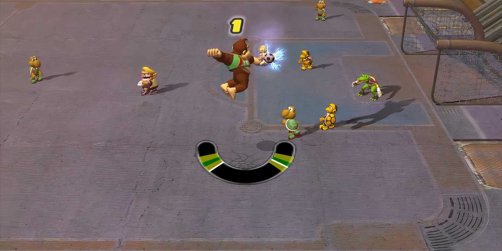 Donkey Kong jumping over a gorup of koopas in Super Mario Strikers