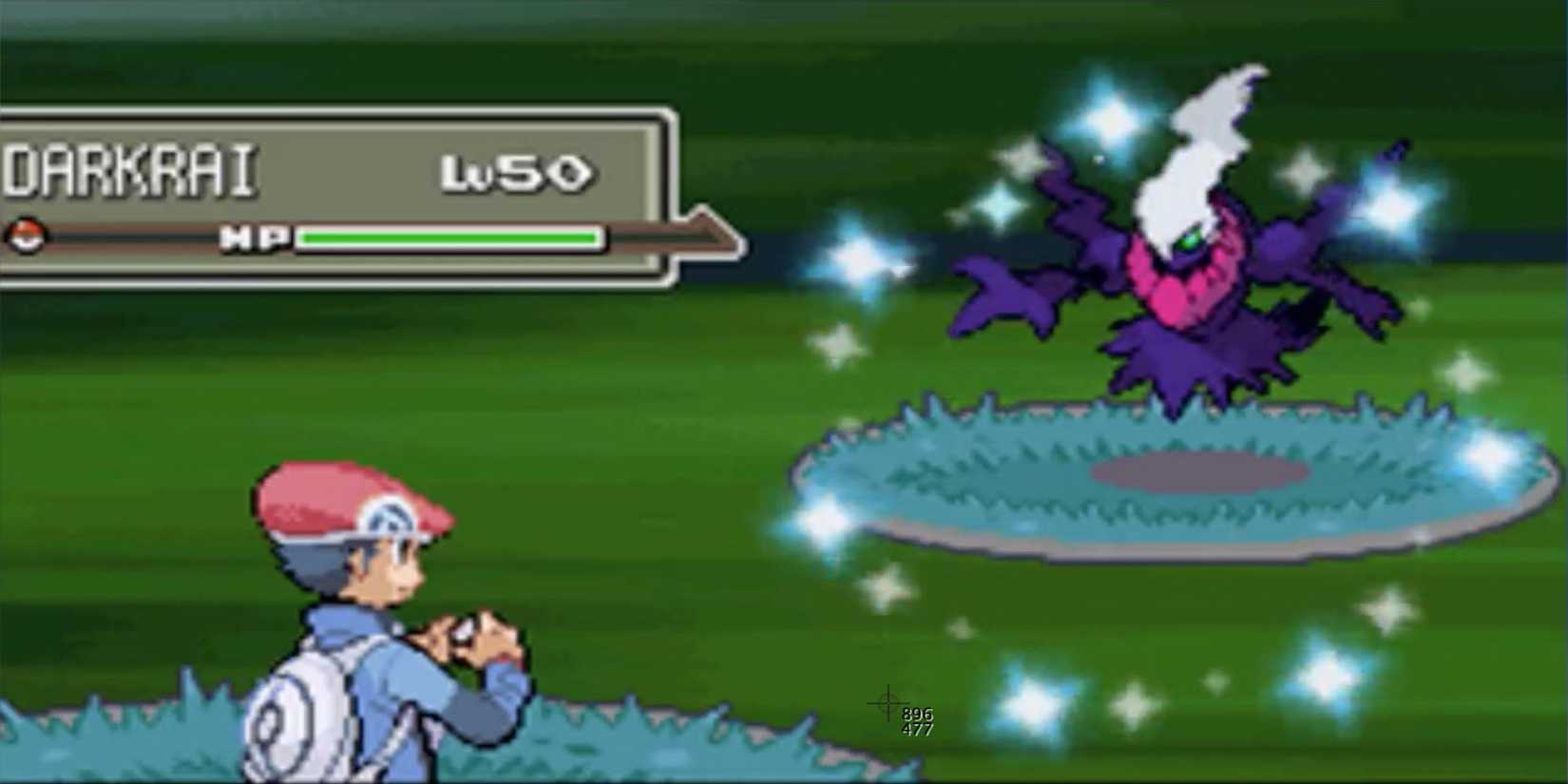 Lucas fighting Darkrai in Pokémon Platinum