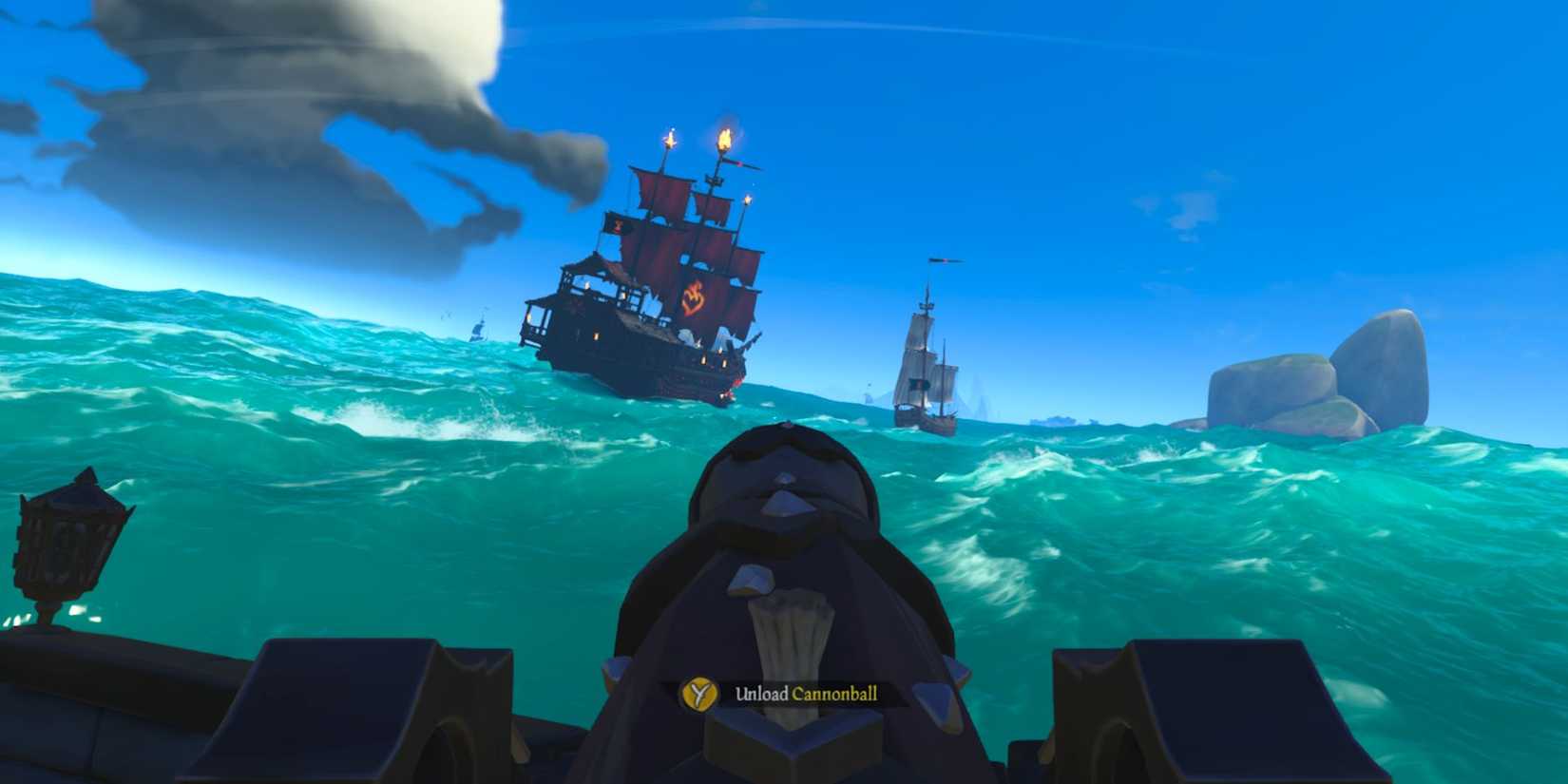 First-person view of someone behind a canon in a high sea battle in Sea of Thieves