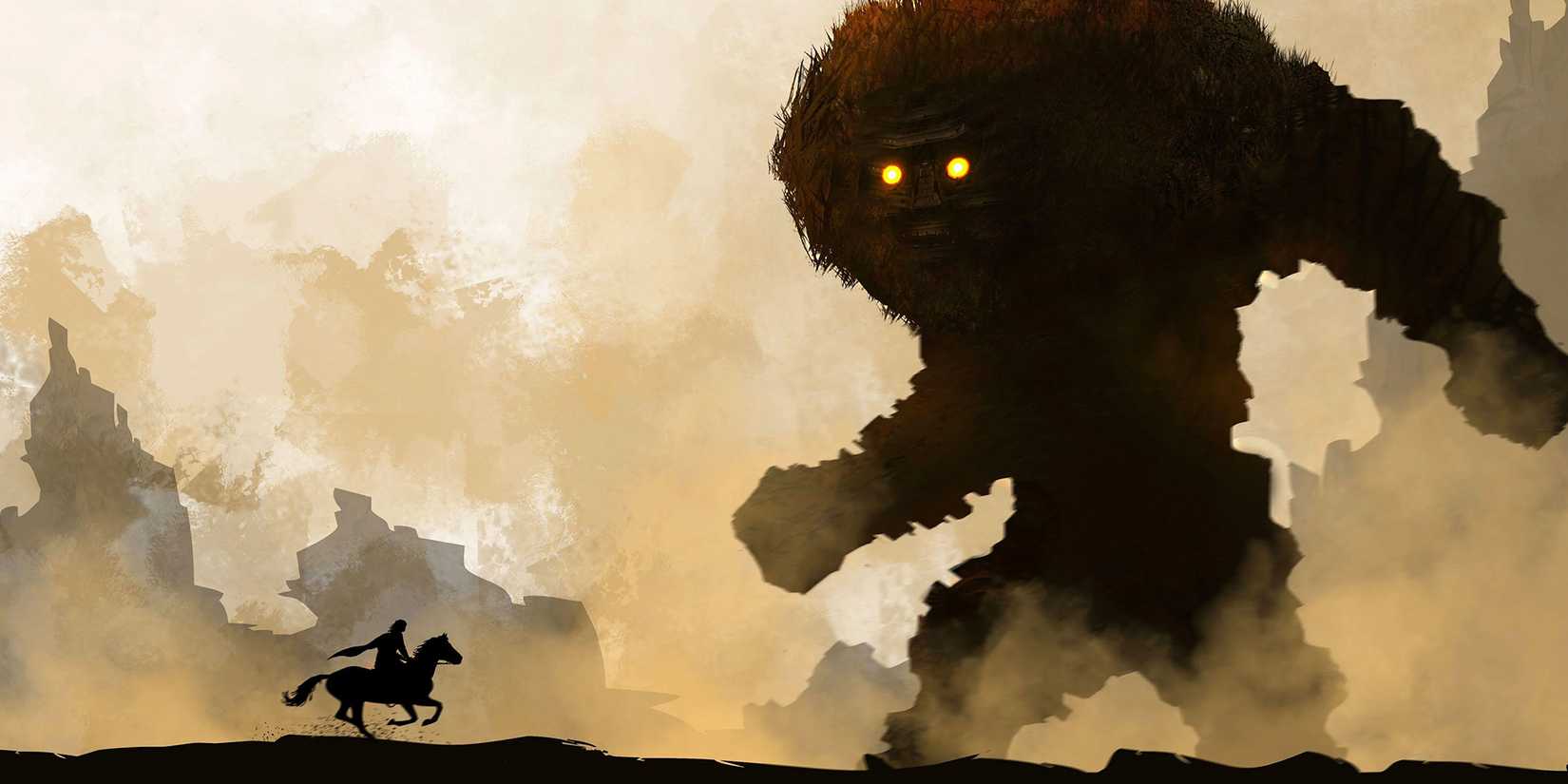 The silhouettes of a man on horseback and a colossus in Shadow of the Colossus