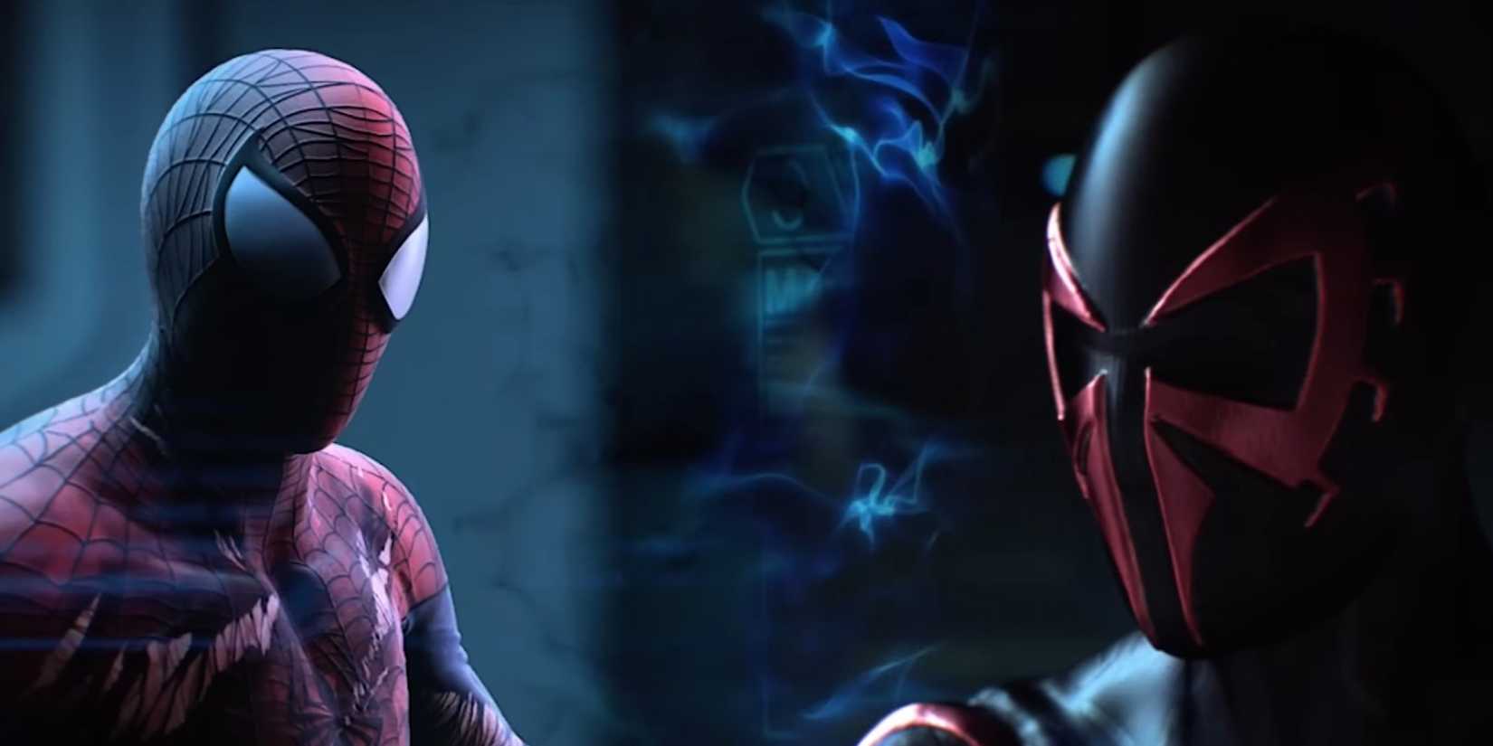 Spider-Man and another character in the video game Spider-Man: Edge of Time