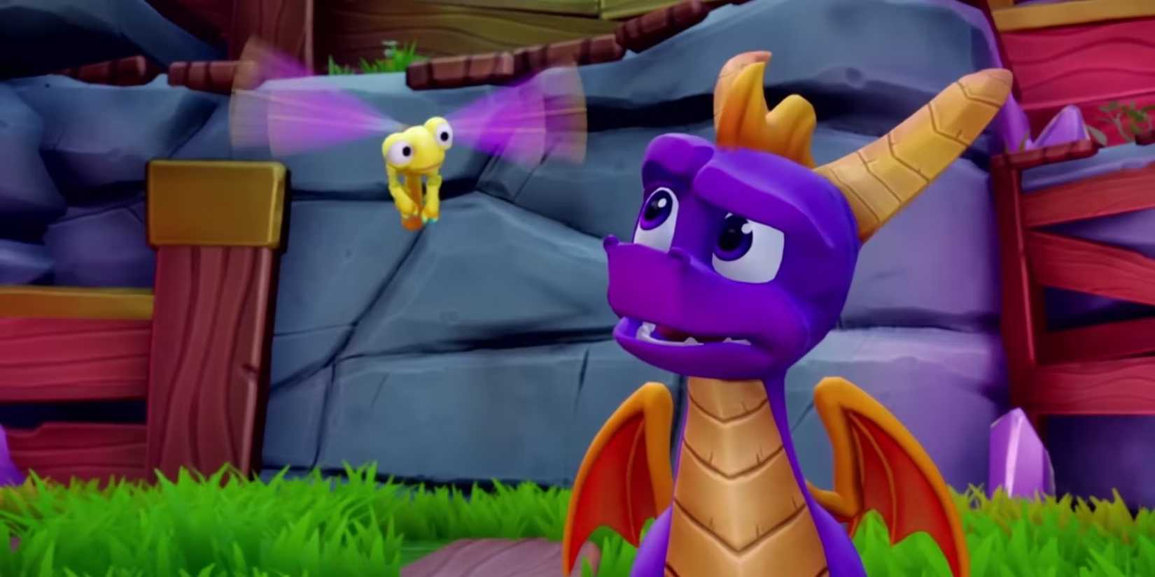 Spyro looking confused at a flying bug