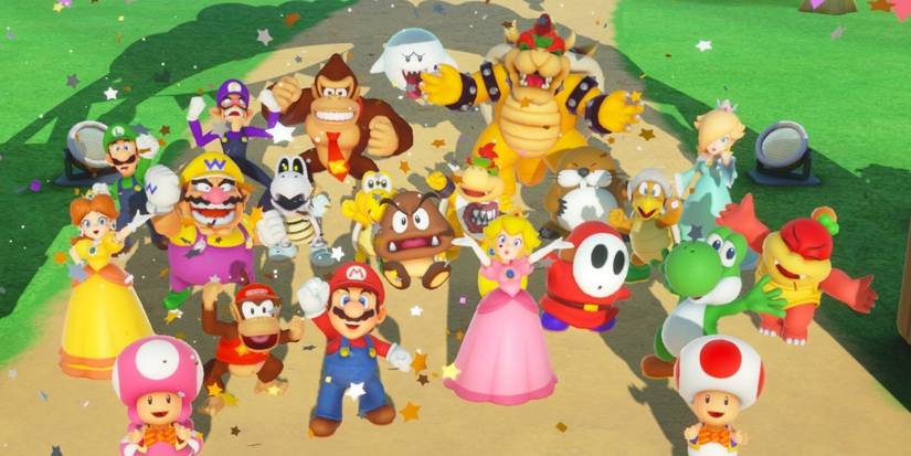 The characters of Super Mario Party celebrating