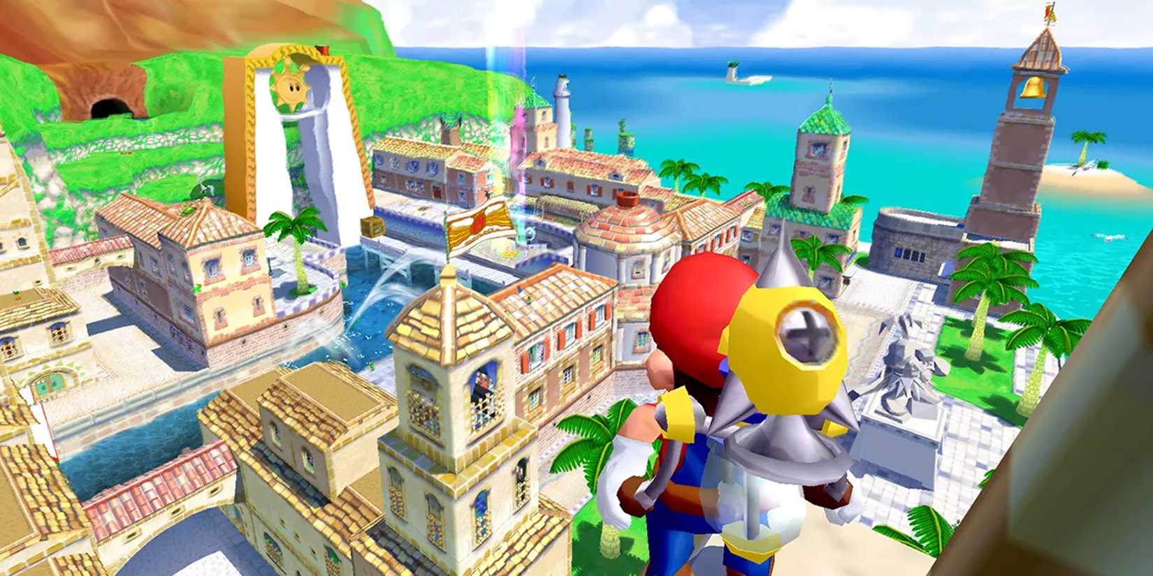Mario with his FLUDD on his back looking over a city in Super Mario Sunshine