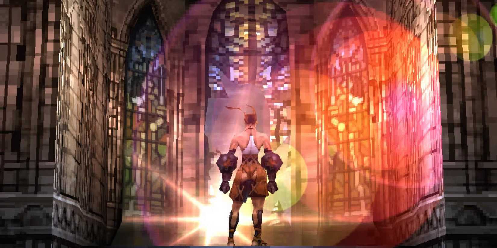 A female character with her back to the camera in Vagrant Story