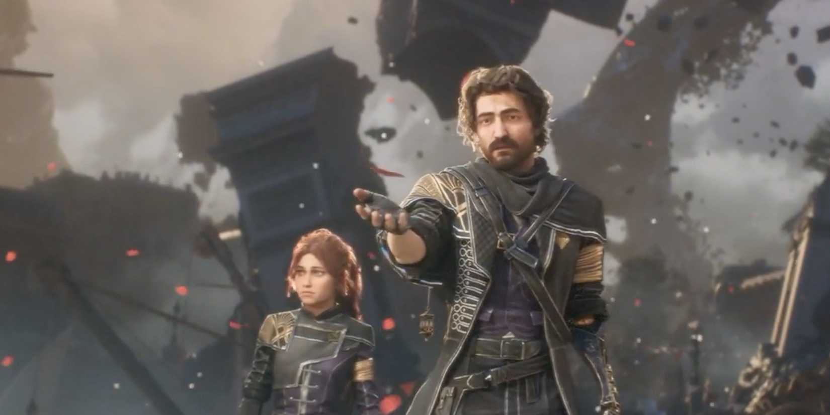 A male character and a child in a destroyed city in Clair Obscur: Expedition 33