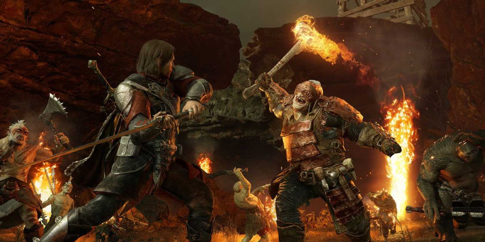 A knight fighting an enemy in Middle-earth: Shadow of War