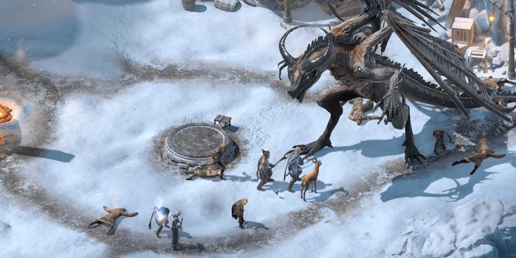 Warriors fighting a dragon in Pillars of Eternity