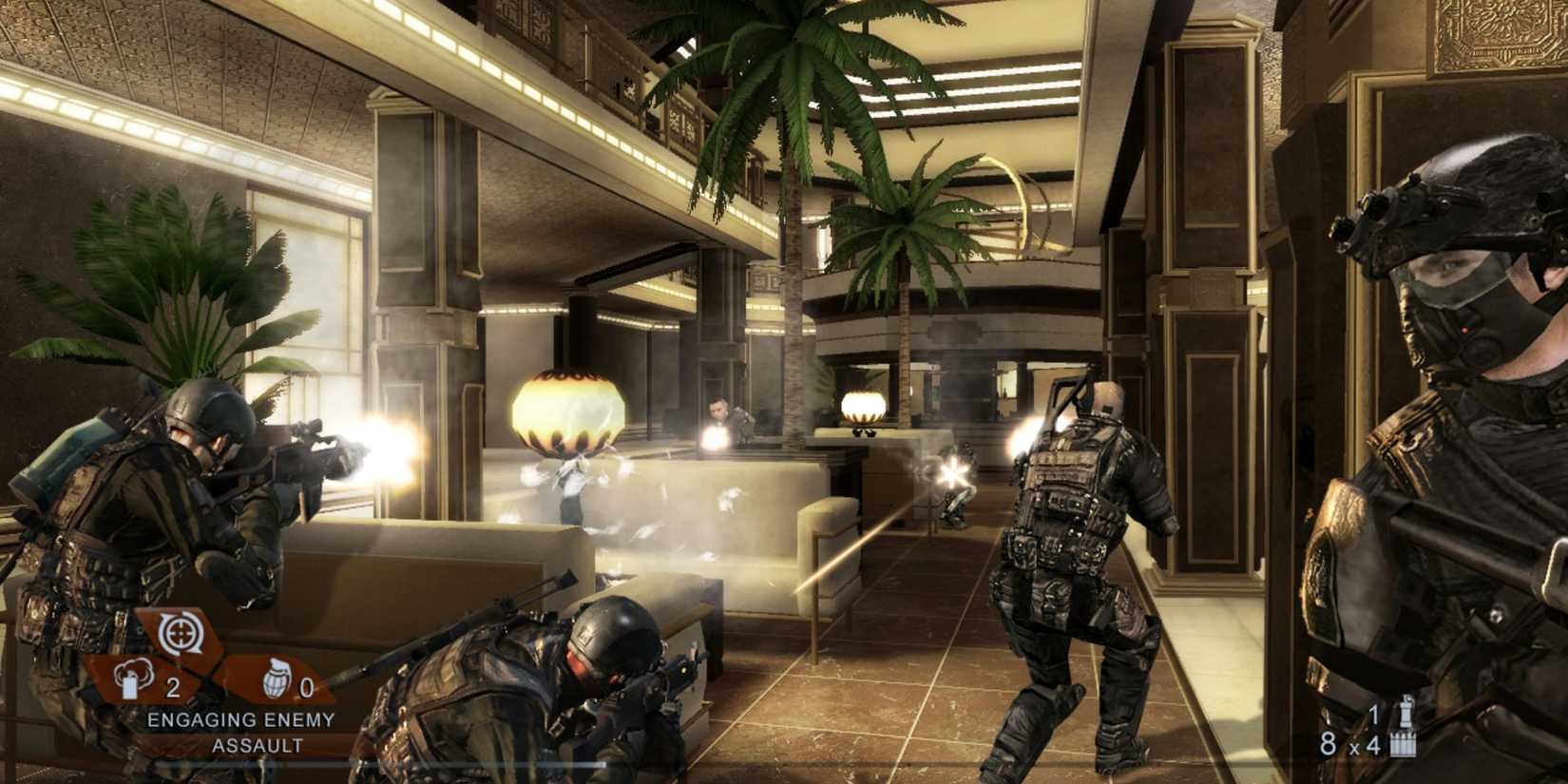 Characters entering a hotel lobby in Rainbow Six Vegas