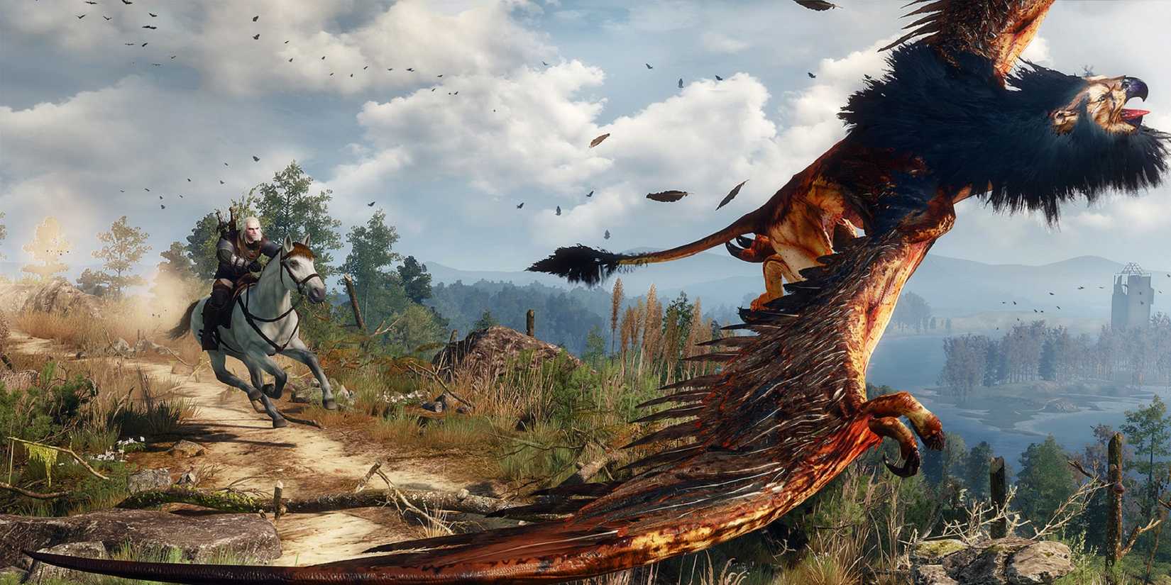 Geralt on horseback chasing a flying creature in The Witcher 3: Wild Hunt