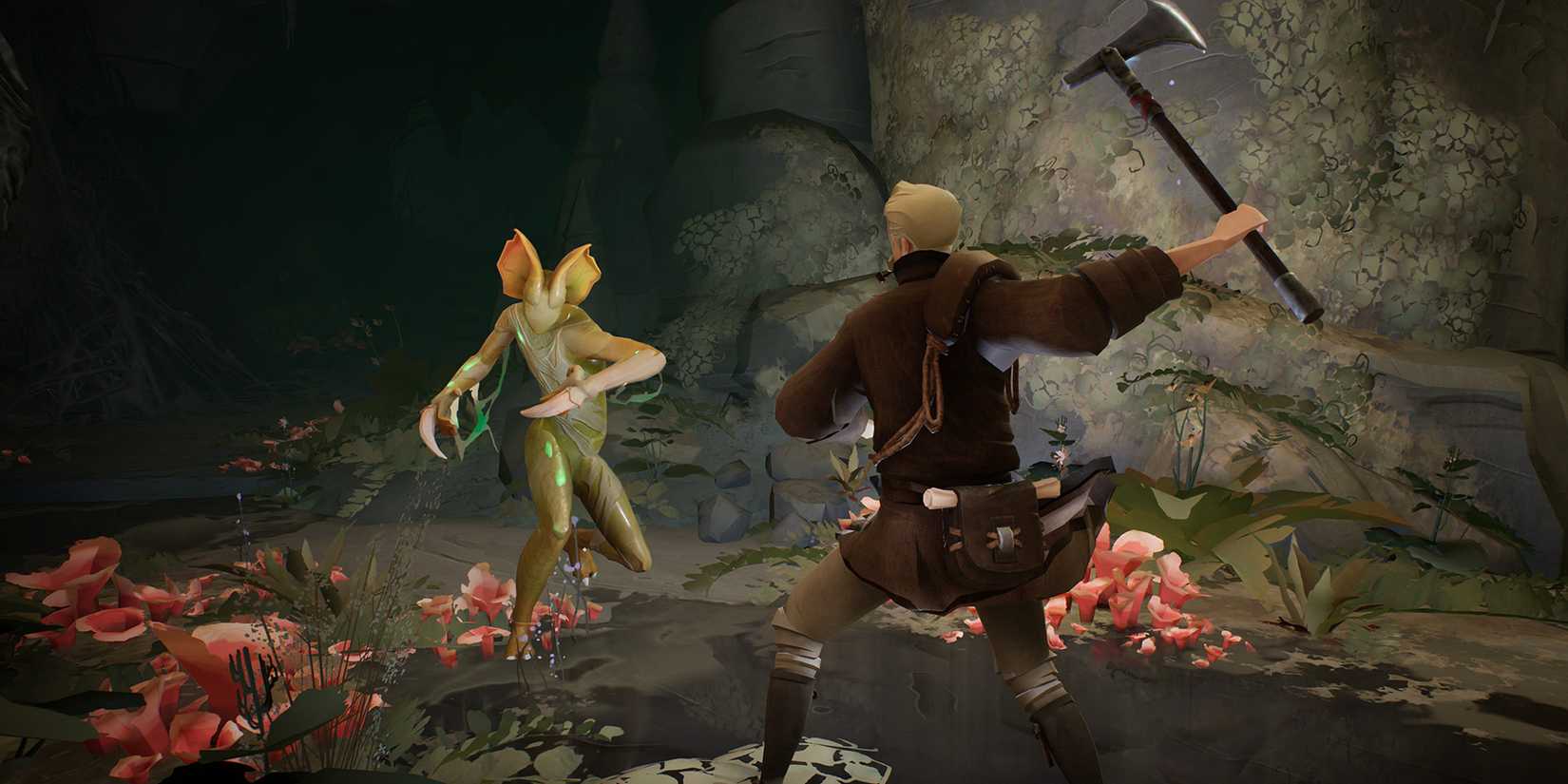 A character fighting an enemy in a cave in the game Ashen