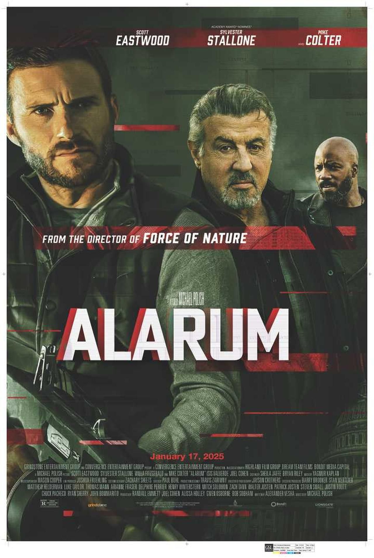 Pôster do filme Alarum com Sylvester Stallone e Scott Eastwood.