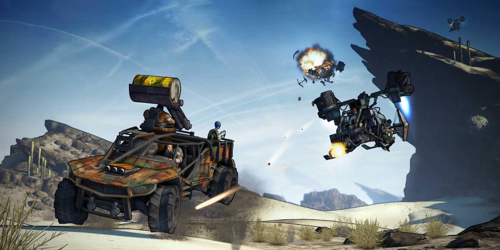 A spaceship chasing a car in Borderlands