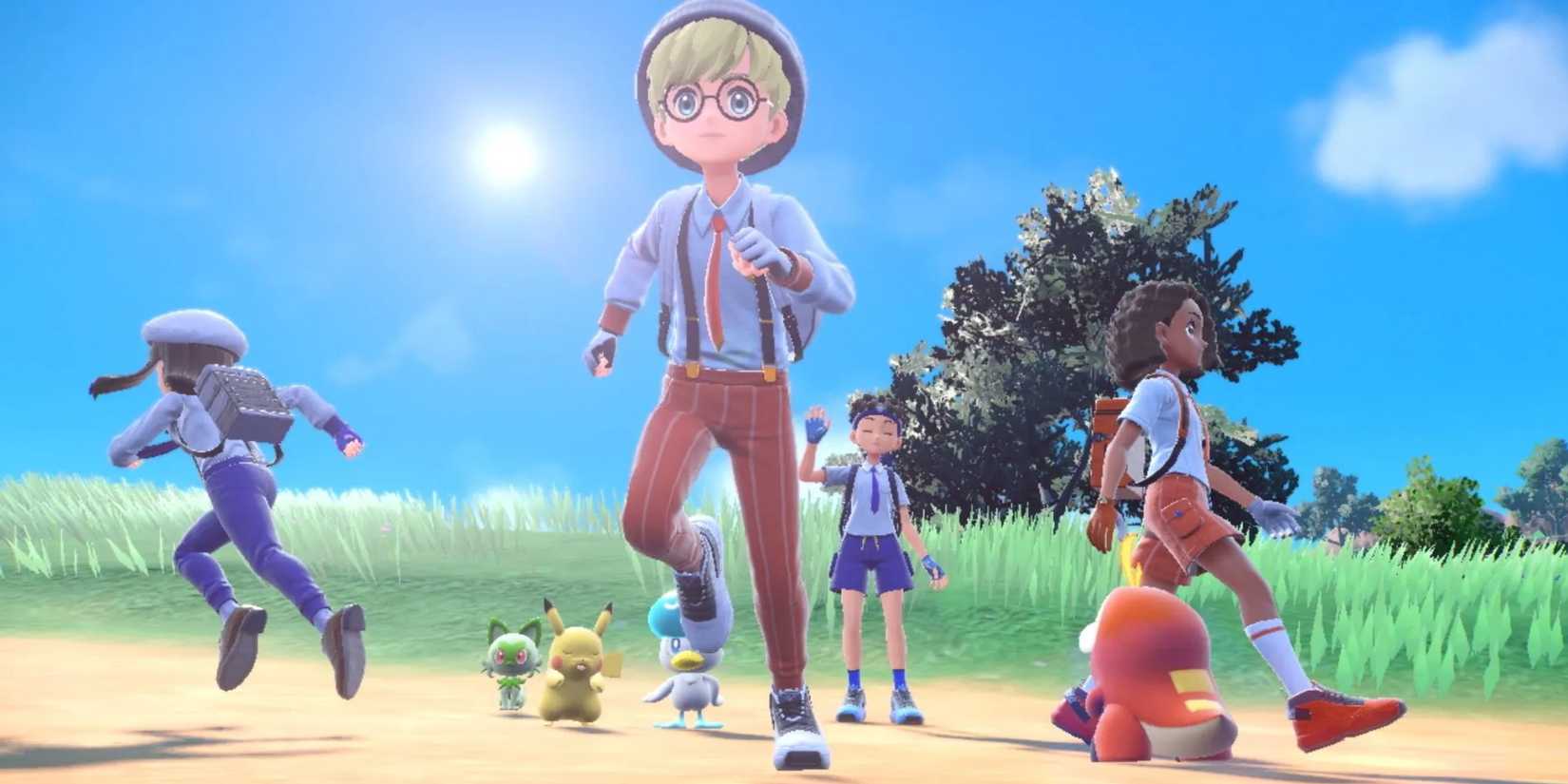 Three characters with Pokémon in Pokémon Scarlet and Violet