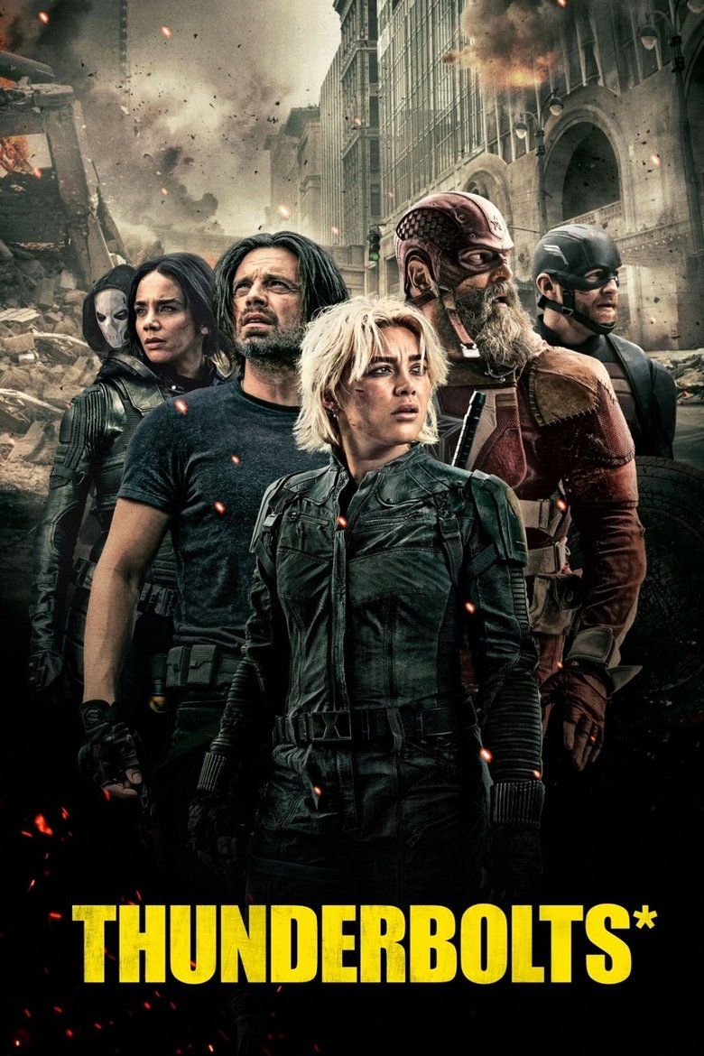 Poster do filme Thunderbolts* com Florence Pugh e Sebastian Stan em destaque.