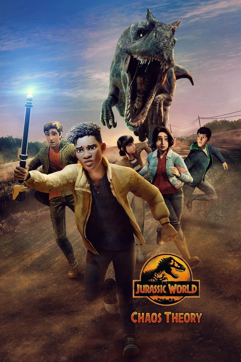 Pôster da quarta temporada de Jurassic World: Chaos Theory com dinossauros em destaque.