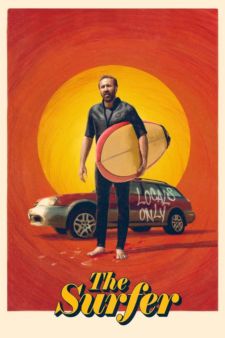 Nicolas Cage em cena do filme The Surfer, em um pôster promocional.