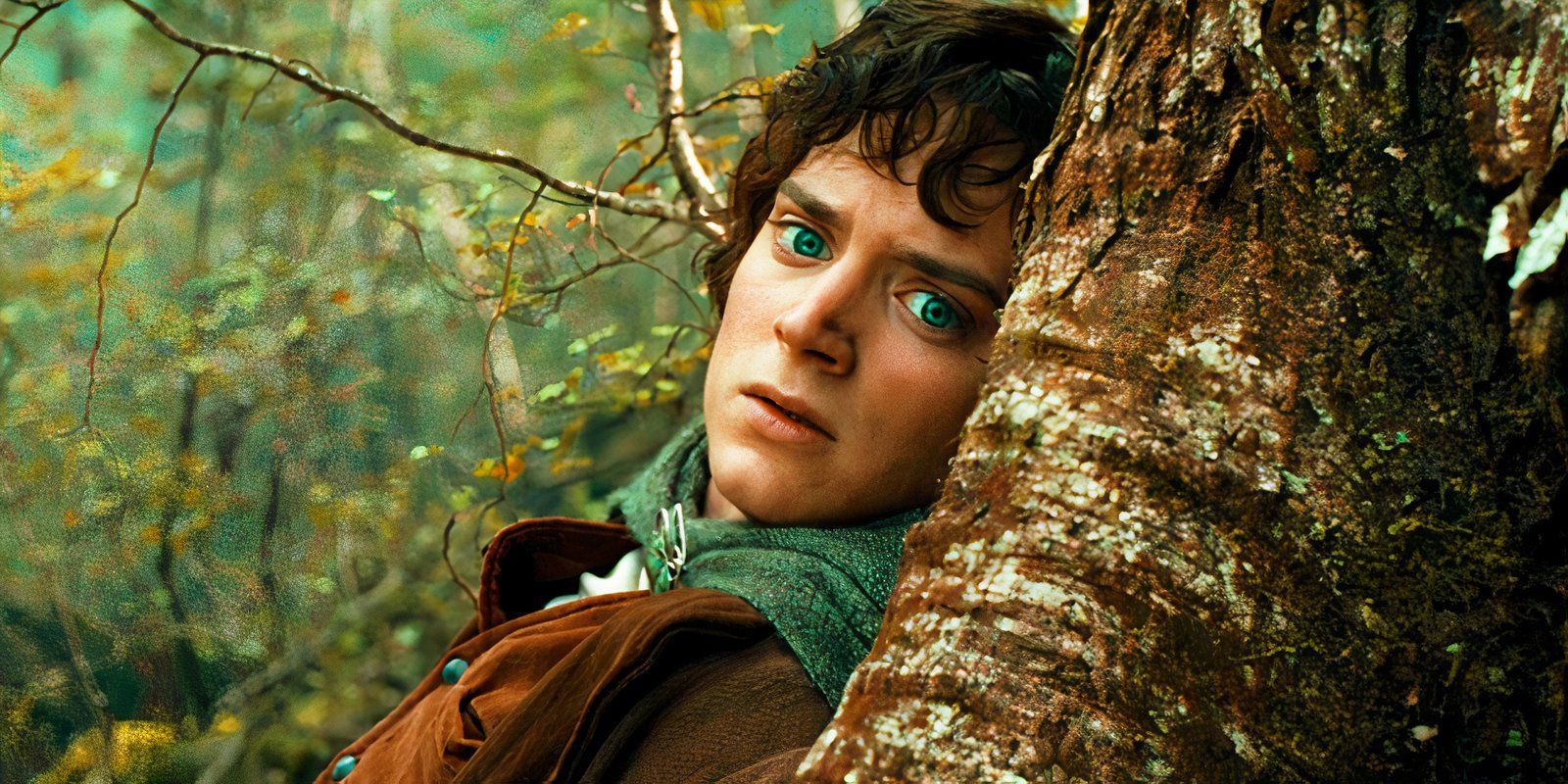Elijah Wood como Frodo se escondendo atrás de uma árvore em O Senhor dos Anéis: A Sociedade do Anel.