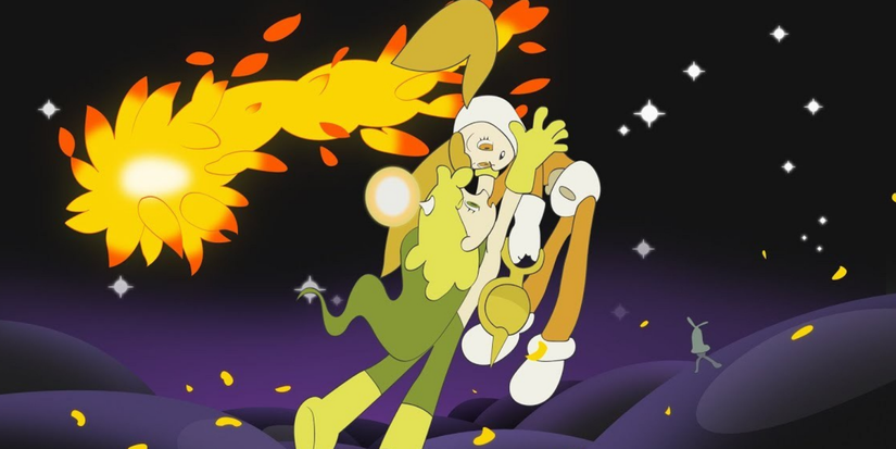 Two protagonists hugging in space with a comet behind them in 'Kaiba' anime.