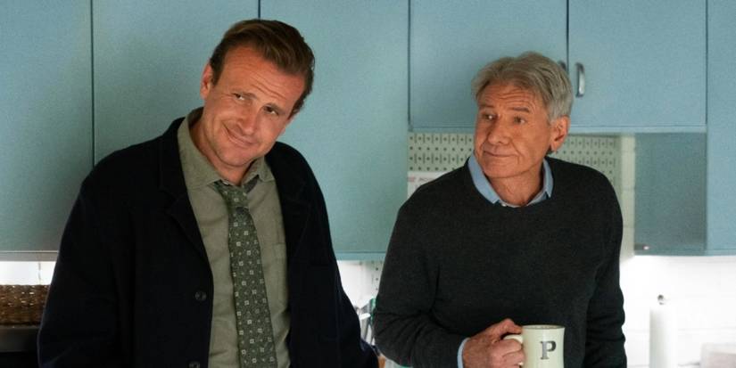 Jason Segel and Harrison Ford as Jimmy and Paul stand next to each other in a kitchen in Shrinking.